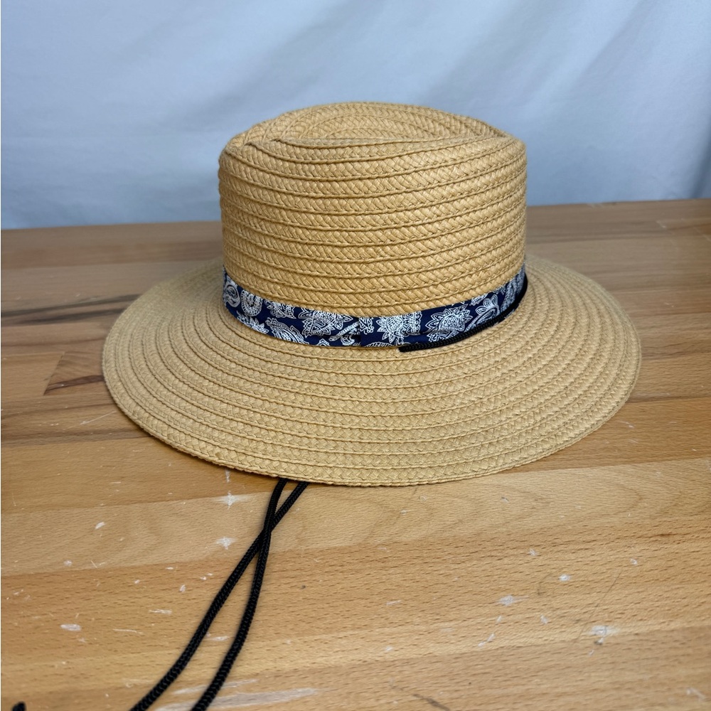 Tan Straw Hat with Blue Paisley Band